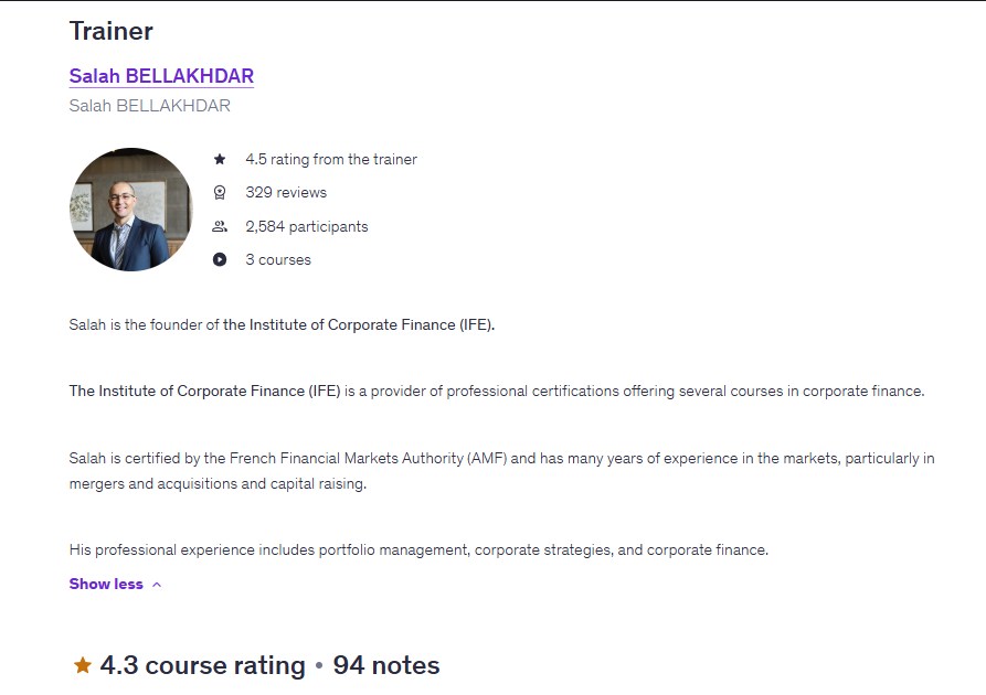 Udemy instructor profile showing ratings, reviews and participants